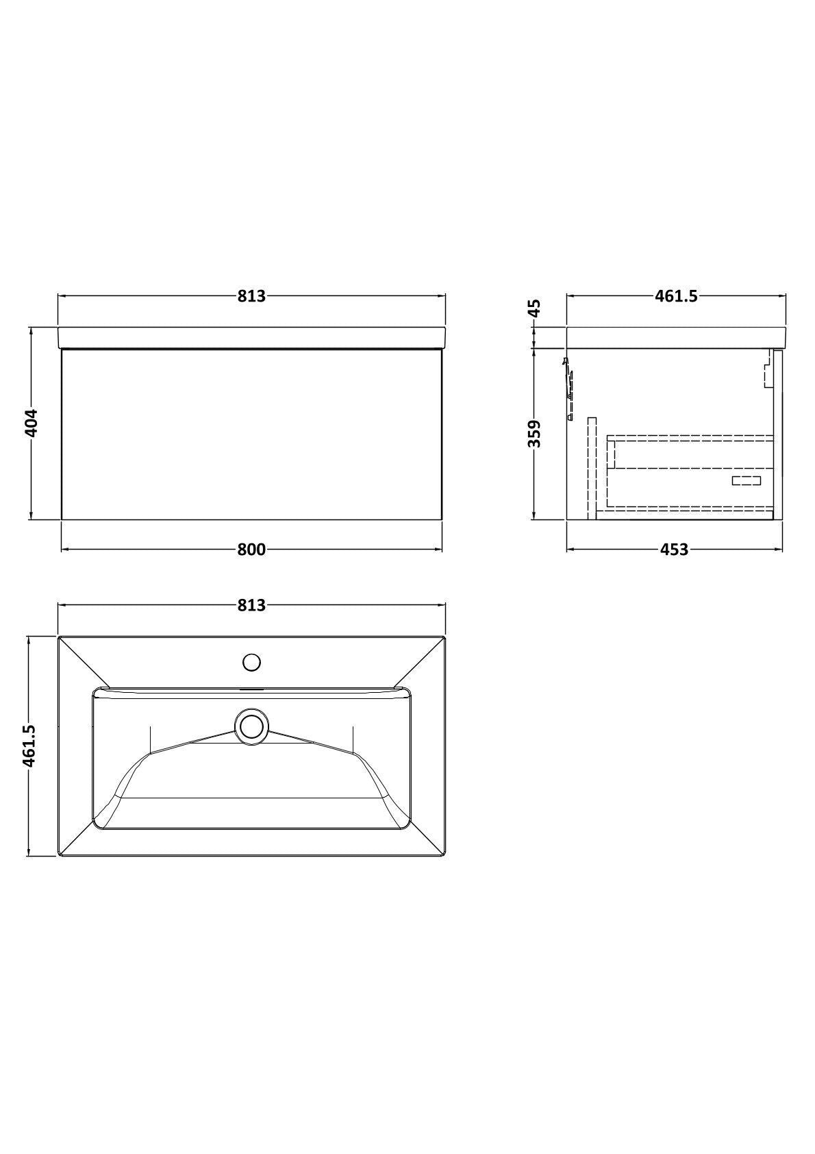 [BFSL3125L] Pershall Contemporary Wall Hung 1 Drawer Vanity Unit with 1 Tap Hole Fireclay Basin - Choice of Size and Colour - Technical Drawing
