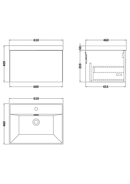 [BFSL3222E] Pershall Contemporary Wall Hung 1 Drawer Vanity Unit with Thin-Edge Ceramic Basin - Choice of Size and Colour - Technical Drawing