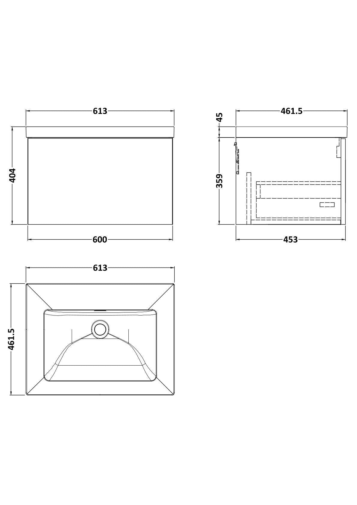 [BFSL3222K] Pershall Contemporary Wall Hung 1 Drawer Vanity Unit with 0 Tap Hole Fireclay Basin - Choice of Size and Colour - Technical Drawing