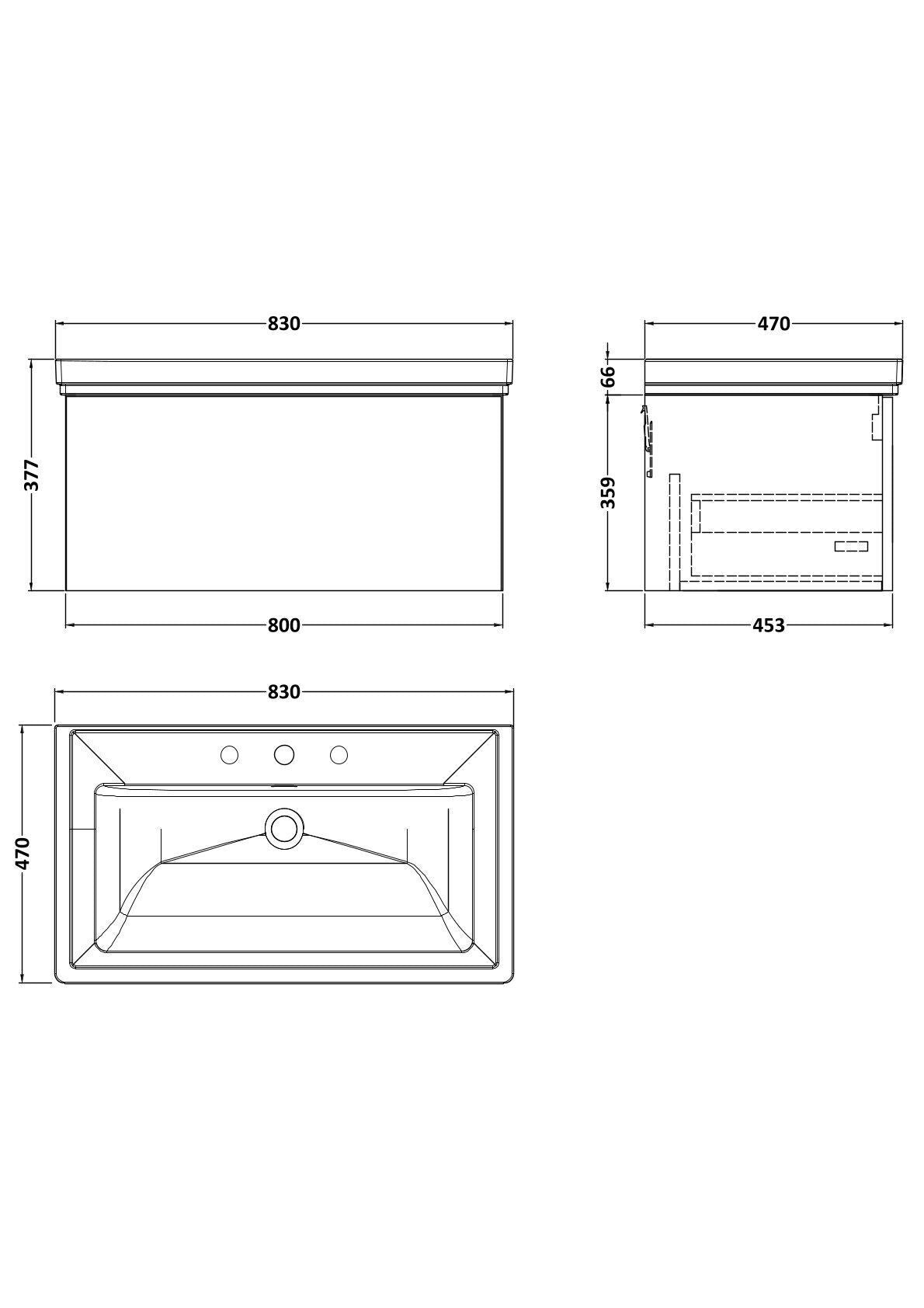 [BFSL3225B] Pershall Contemporary Wall Hung 1 Drawer Vanity Unit with Traditional 3 Tap Hole Fireclay Basin - Choice of Size and Colour - Technical Drawing