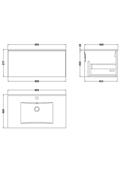 [BFSL3225C] Pershall Contemporary Wall Hung 1 Drawer Vanity Unit with Minimalist Ceramic Basin - Choice of Size and Colour - Technical Drawing