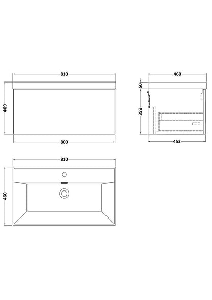 [BFSL3225E] Pershall Contemporary Wall Hung 1 Drawer Vanity Unit with Thin-Edge Ceramic Basin - Choice of Size and Colour - Technical Drawing
