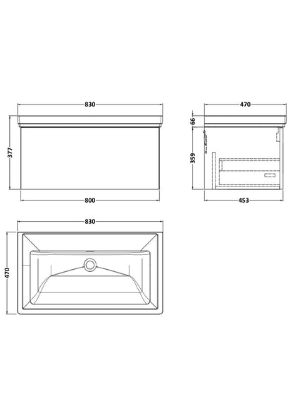 [BFSL3225H] Pershall Contemporary Wall Hung 1 Drawer Vanity Unit with Traditional 0 Tap Hole Fireclay Basin - Choice of Size and Colour - Technical Drawing