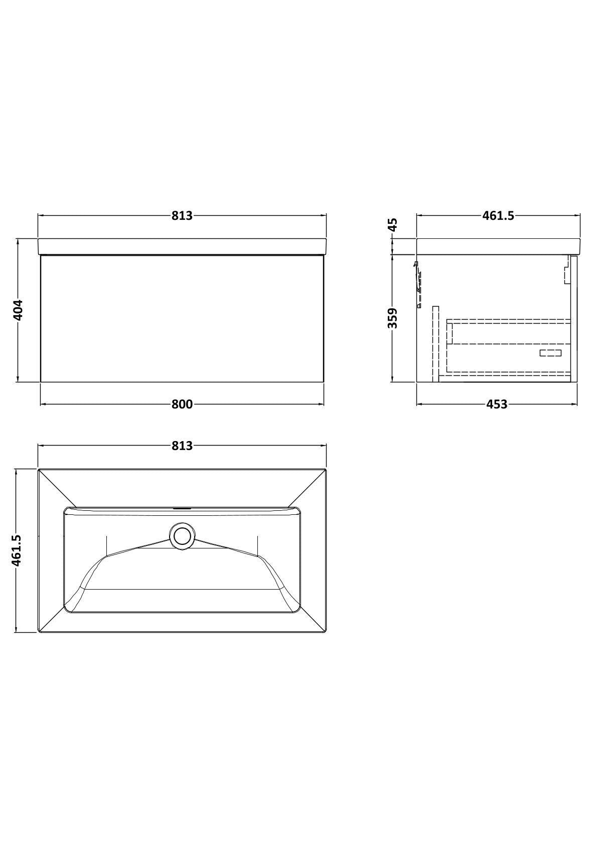 [BFSL3225K] Pershall Contemporary Wall Hung 1 Drawer Vanity Unit with 0 Tap Hole Fireclay Basin - Choice of Size and Colour - Technical Drawing