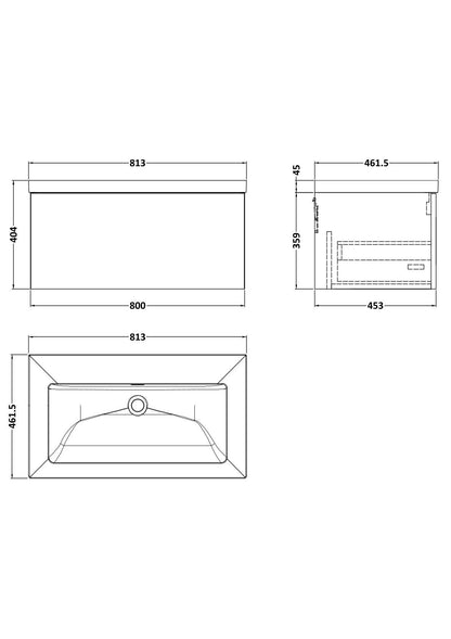 [BFSL3225K] Pershall Contemporary Wall Hung 1 Drawer Vanity Unit with 0 Tap Hole Fireclay Basin - Choice of Size and Colour - Technical Drawing