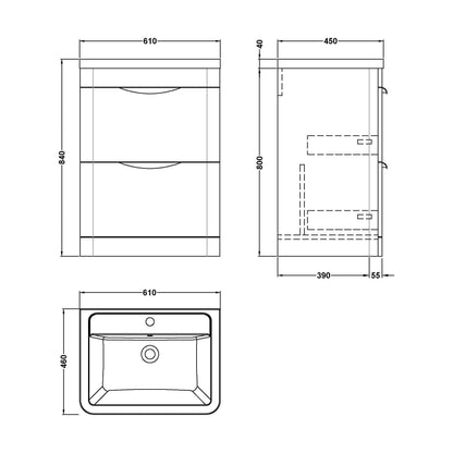 [BFWA001A] Balterley Wave Floor Standing 2 Drawer Vanity Unit Basin, Gloss White, 550mm - Technical Drawing