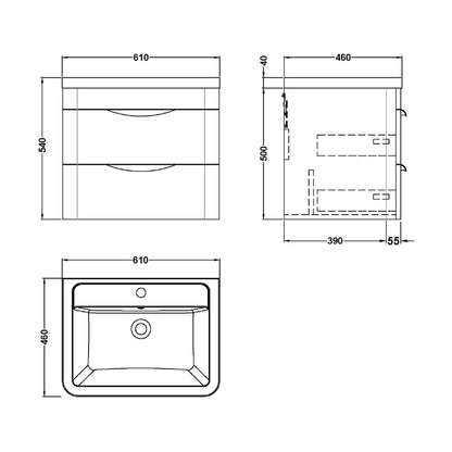 [BFWA002A] Aldershawe Modern 2-Drawer Wall Hung Vanity Basin Unit with Ceramic Basin - 600mm - Technical Drawing