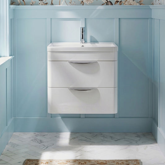 [BFWA002A] Aldershawe Modern 2-Drawer Wall Hung Vanity Basin Unit with Ceramic Basin - 600mm - Silo