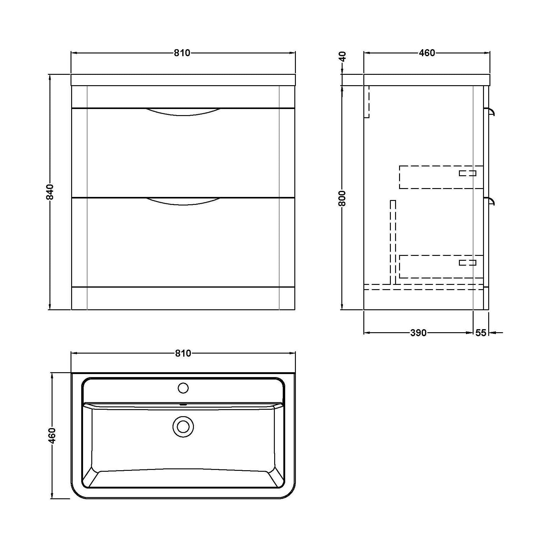 [BFWA004A] Aldershawe Floor Standing 2 Drawer Bathroom Vanity Basin Unit with Ceramic Basin, 800mm - Technical Drawing