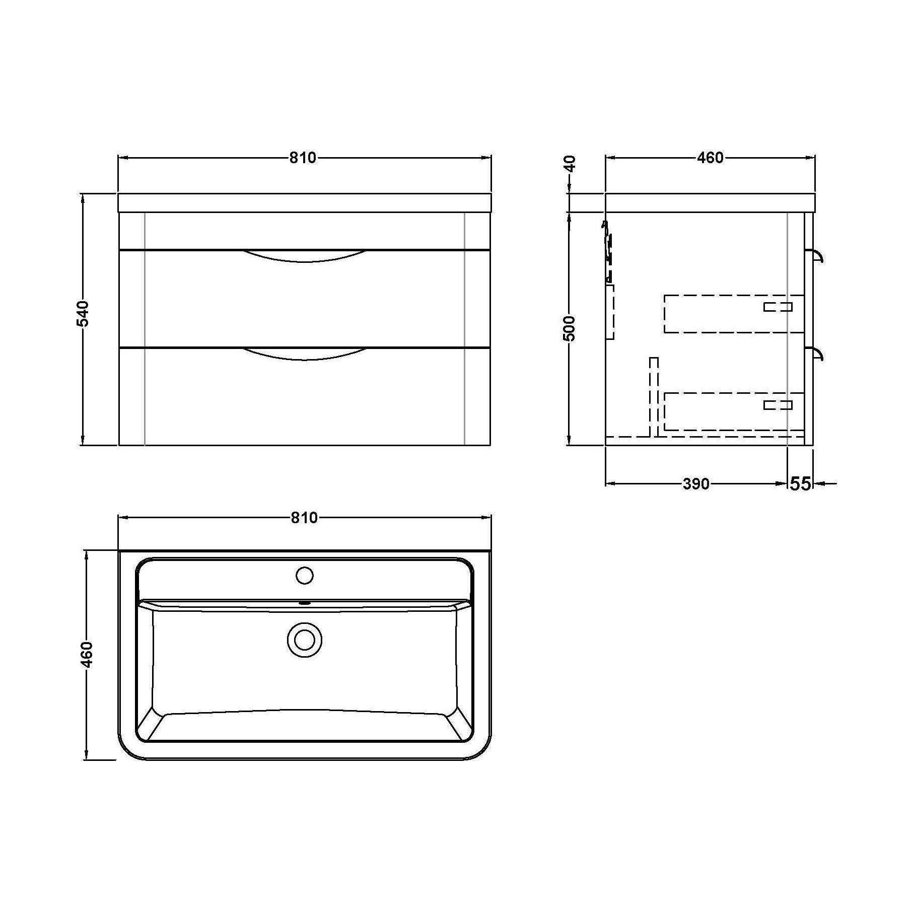 [BFWA005A] Balterley Wave Contemporary Bathroom Wall Hung 2 Drawer Vanity Unit & Ceramic Basin, Gloss White, 810mm - Technical Drawing