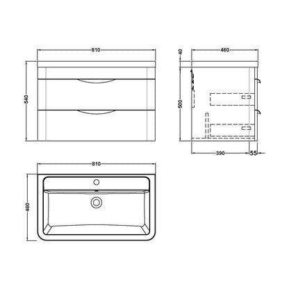 [BFWA005A] Balterley Wave Contemporary Bathroom Wall Hung 2 Drawer Vanity Unit & Ceramic Basin, Gloss White, 810mm - Technical Drawing