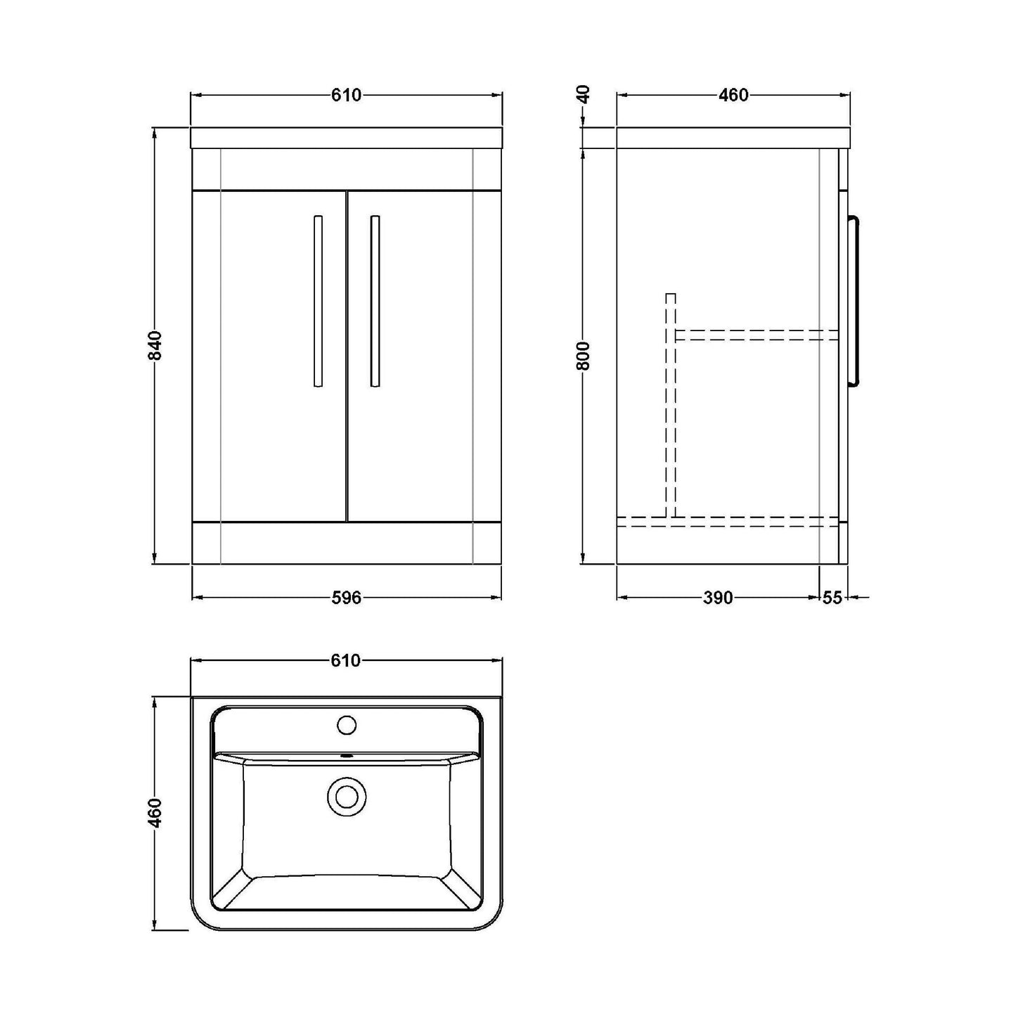[BFWA010A] Aldershawe Modern Bathroom Floor Standing 2 Soft Close Door Vanity Basin Unit - Choice of Basin, Colour and Size - Technical Drawing