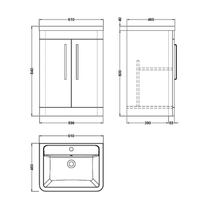 [BFWA010A] Aldershawe Modern Bathroom Floor Standing 2 Soft Close Door Vanity Basin Unit - Choice of Basin, Colour and Size - Technical Drawing