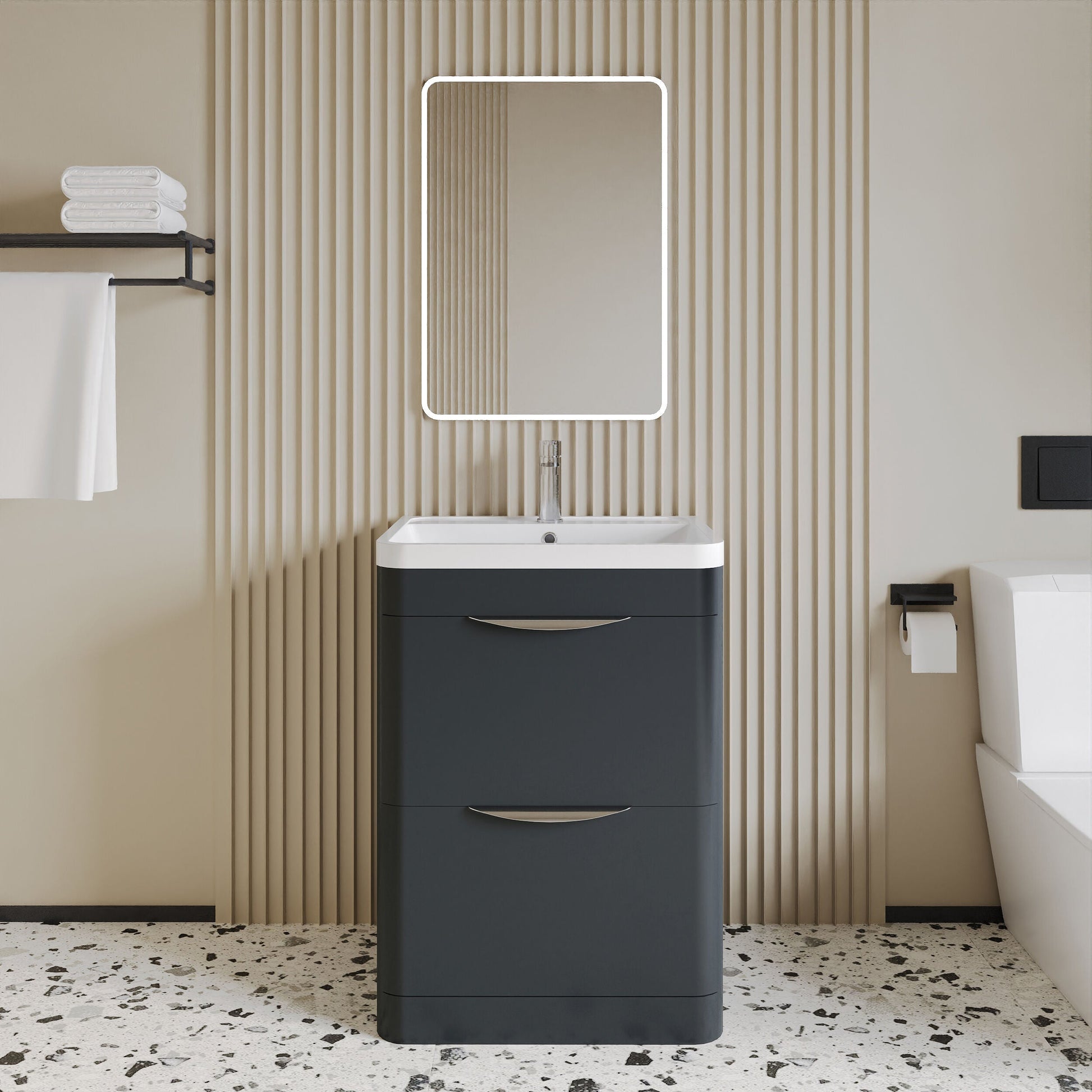 [BFWA1401A] Balterley Wave Contemporary Floor Standing 2 Drawer Vanity Unit & Ceramic Basin, Dark Grey, 550mm - Lifestyle 1