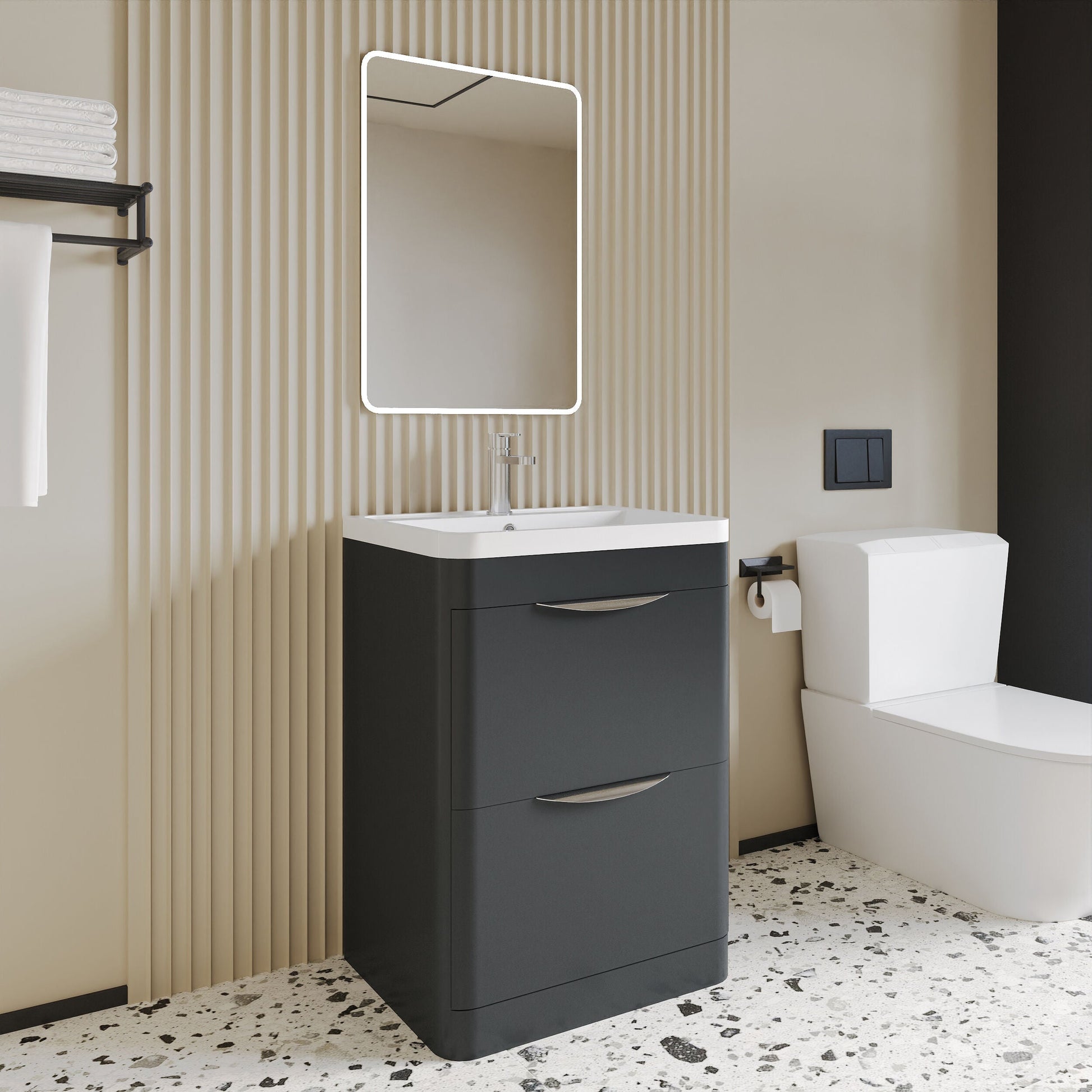 [BFWA1401A] Balterley Wave Contemporary Floor Standing 2 Drawer Vanity Unit & Ceramic Basin, Dark Grey, 550mm - Lifestyle 3