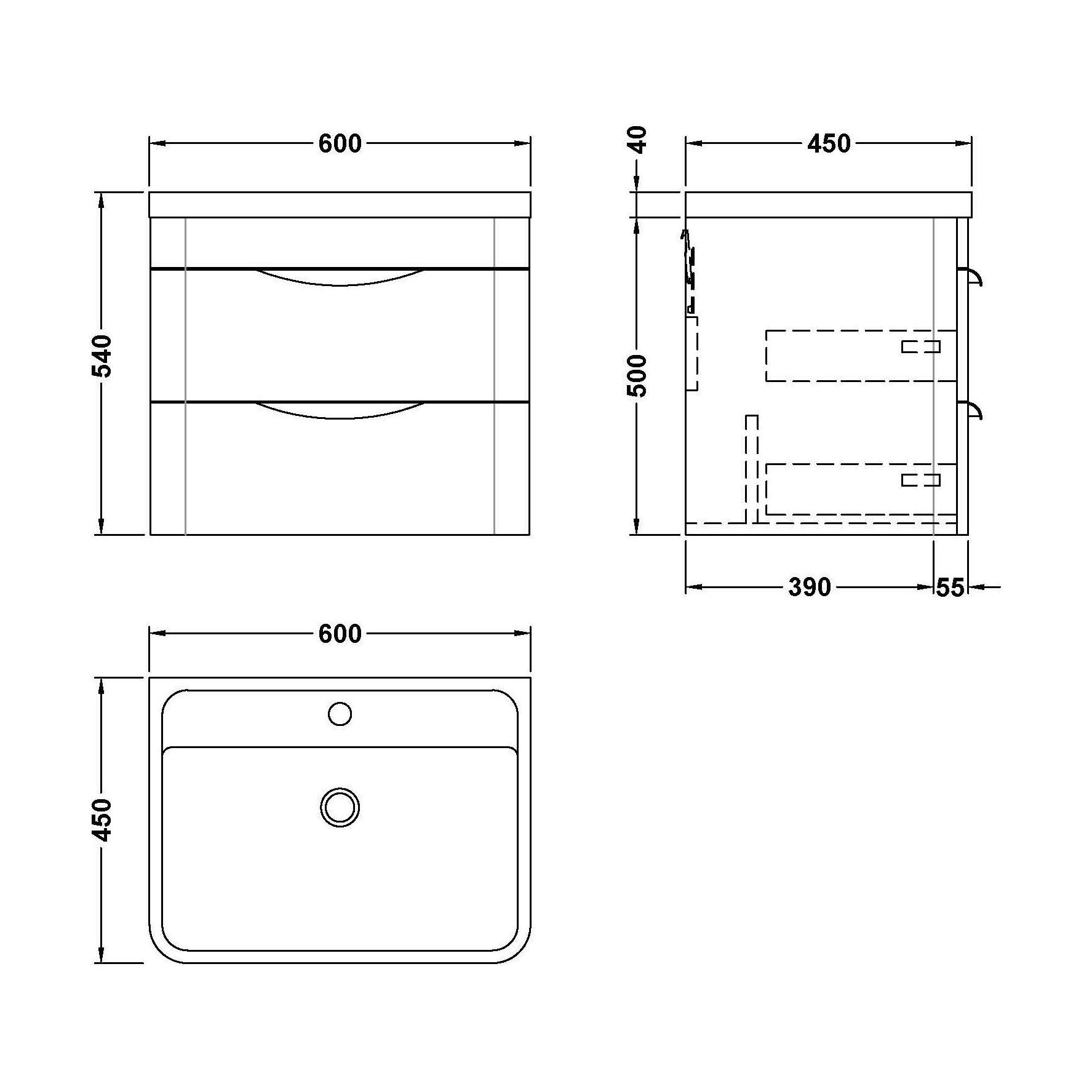 [BFWA1402A] Aldershawe Modern 2-Drawer Wall Hung Vanity Basin Unit with Ceramic Basin - 600mm - Technical Drawing