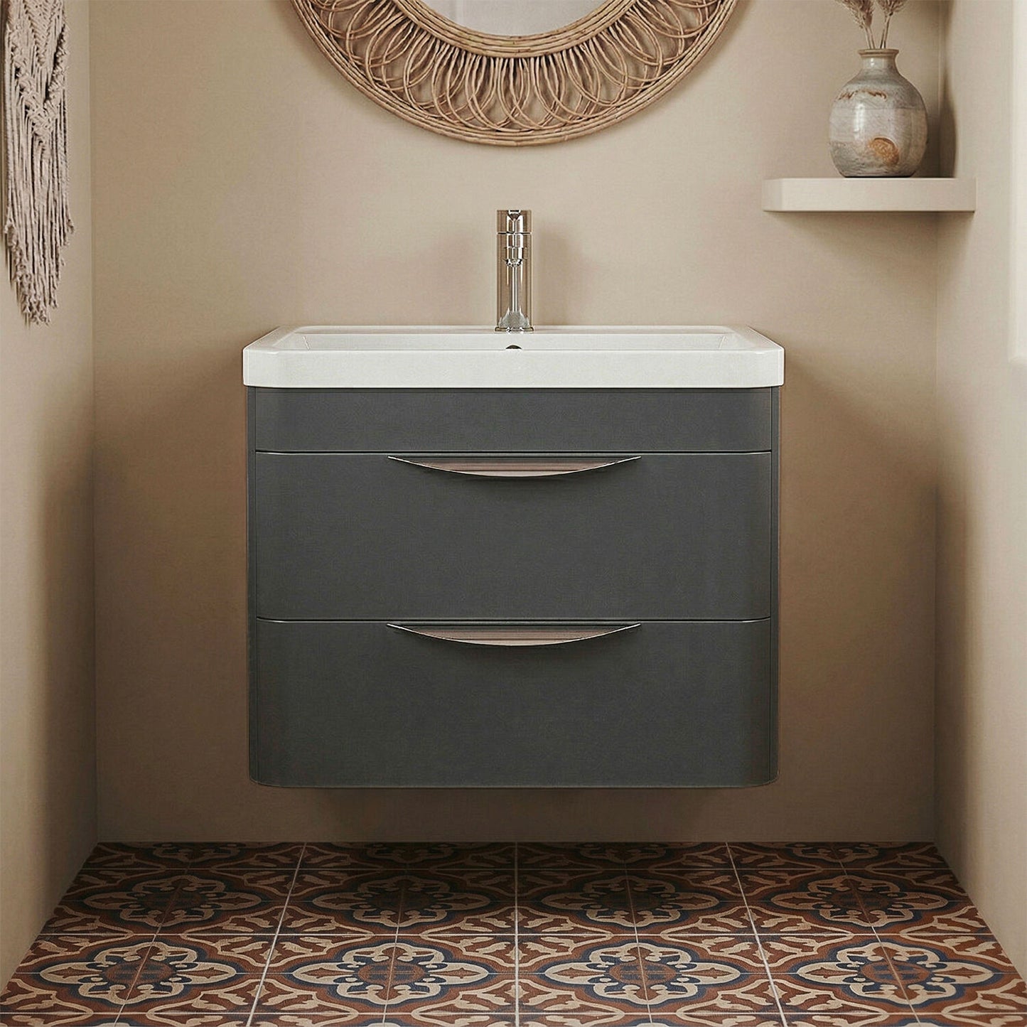 [BFWA1402] Aldershawe Modern 2-Drawer Wall Hung Vanity Unit with Polymarble Basin, Choice of Size and Colour - Silo