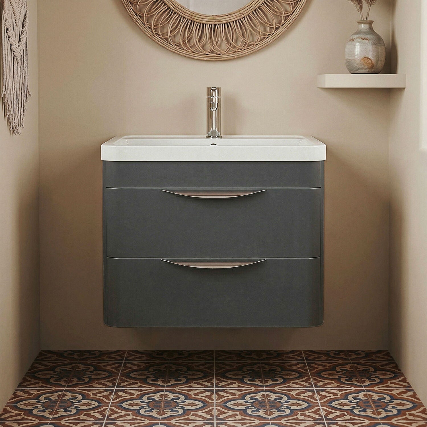 [BFWA1402] Aldershawe Modern 2-Drawer Wall Hung Vanity Unit with Polymarble Basin, Choice of Size and Colour - Silo