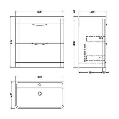 [BFWA1404A] Aldershawe Floor Standing 2 Drawer Bathroom Vanity Basin Unit with Ceramic Basin, 800mm - Technical Drawing