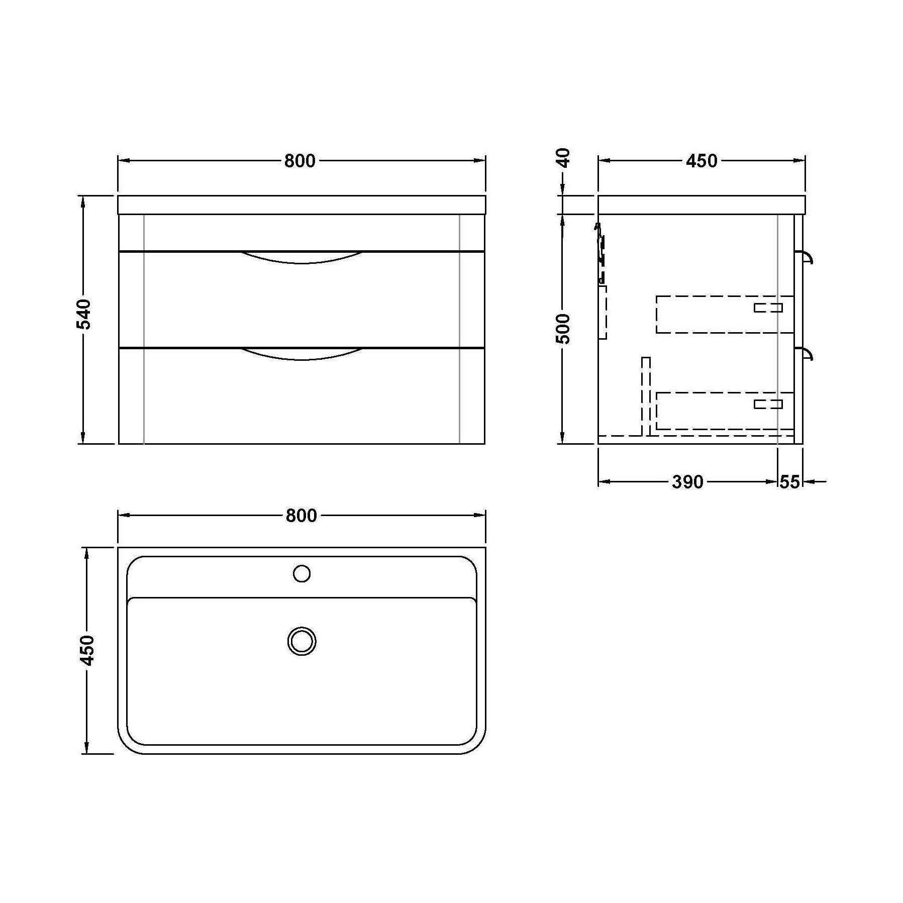 [BFWA1405A] Balterley Wave Contemporary Wall Hung 2 Drawer Bathroom Vanity Unit & Ceramic Basin, Dark Grey, 810mm - Technical Drawing