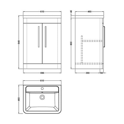 [BFWA1410A] Aldershawe Modern Bathroom Floor Standing 2 Soft Close Door Vanity Basin Unit - Choice of Basin, Colour and Size - Technical Drawing