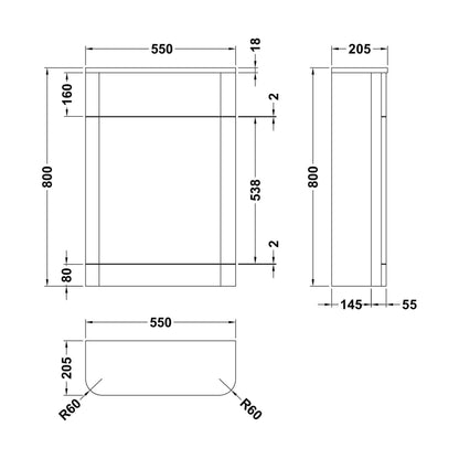 [BFWA141] Aldershawe Modern Floor Standing Soft Square WC Toilet Unit – 550mm - Technical Drawing