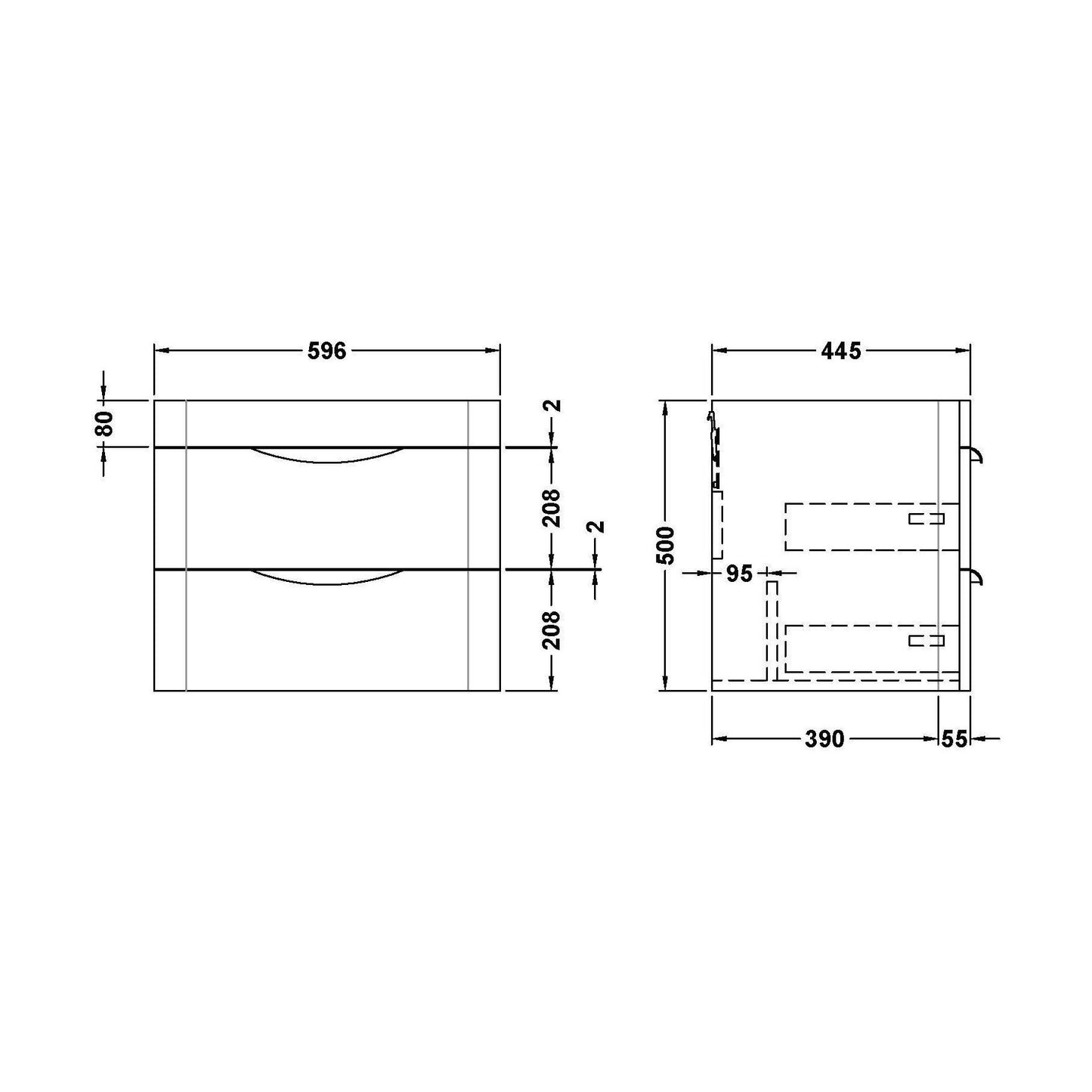 [BFWA1483] 600 Wall Hung 2-Drawer Basin Unit - Technical Drawing