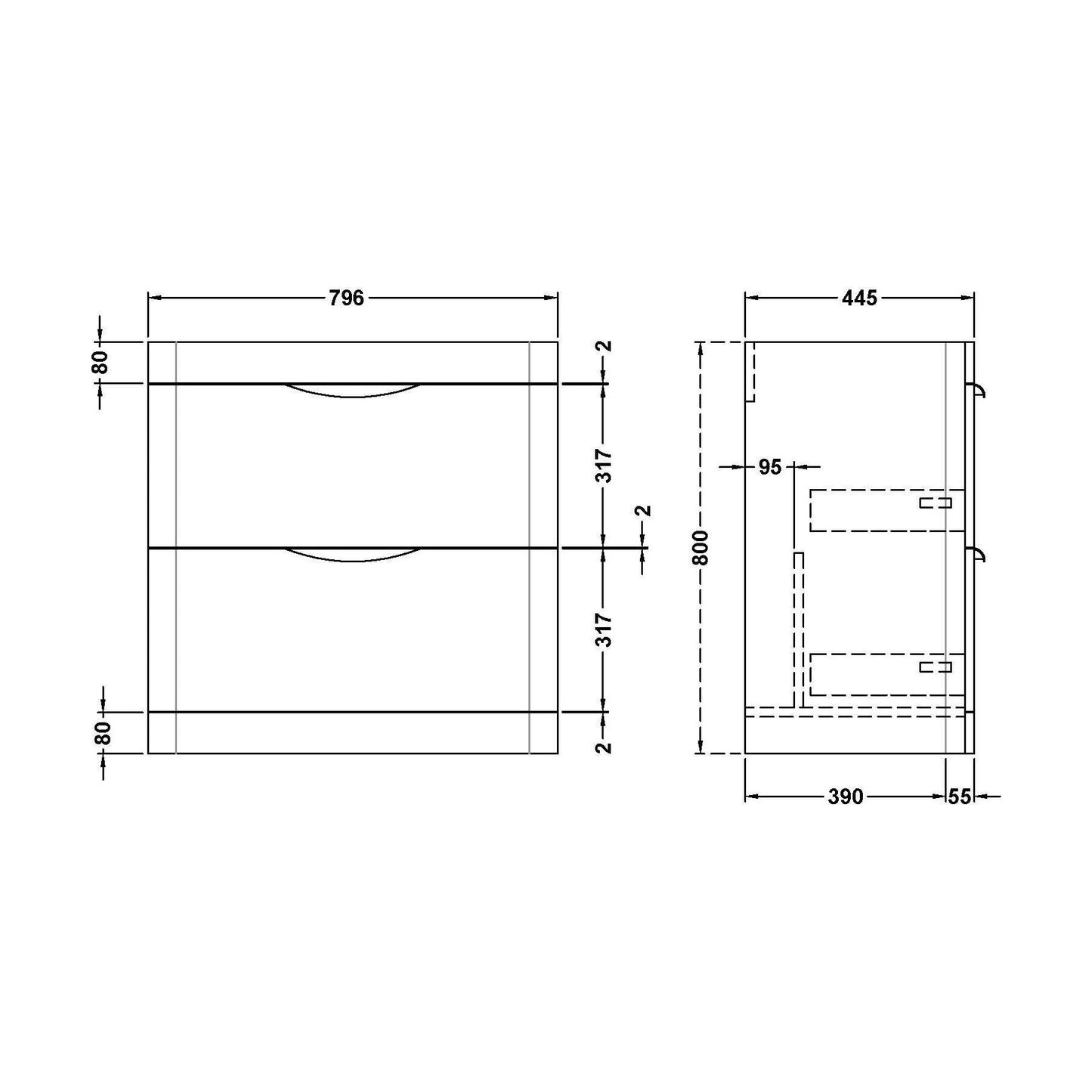 [BFWA1495] 800 Floor Standing 2-Drawer Basin Unit - Technical Drawing