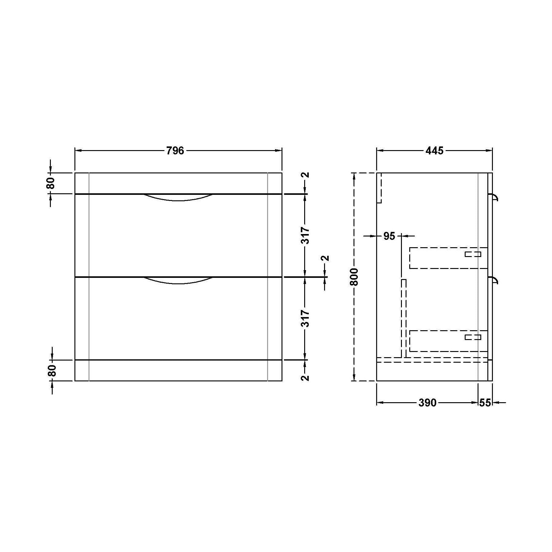 [BFWA1495] 800 Floor Standing 2-Drawer Basin Unit - Technical Drawing