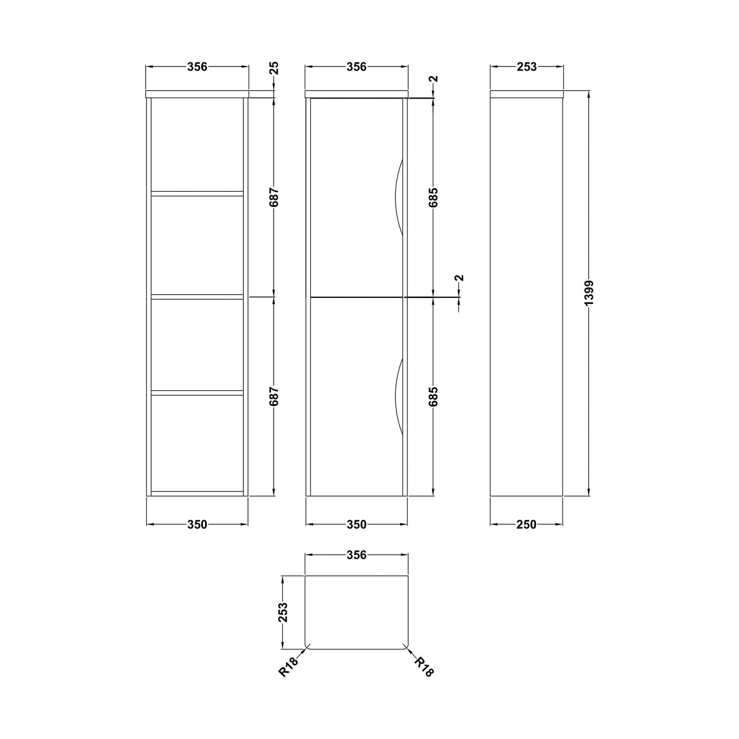 [BFWA163] Aldershawe Modern Wall Hung 2-Door Tall Bathroom Storage Unit – 350mm - Technical Drawing