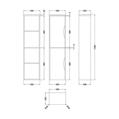 [BFWA163] Aldershawe Modern Wall Hung 2-Door Tall Bathroom Storage Unit – 350mm - Technical Drawing