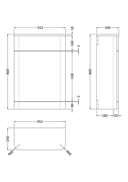 [BFWA241] Aldershawe Modern Floor Standing Soft Square WC Toilet Unit – 550mm - Technical Drawing
