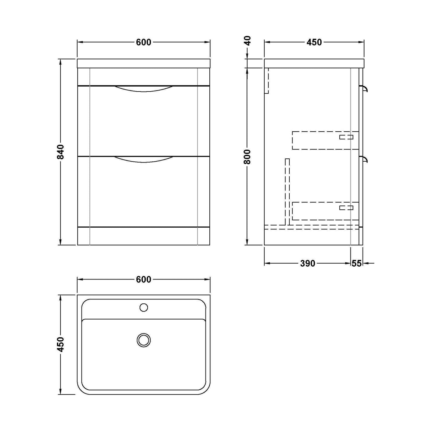 [BFWA801A] Balterley Wave Contemporary Floor Standing 2 Drawer Bathroom Vanity Unit & Ceramic Basin, Satin Green, 610mm - Technical Drawing