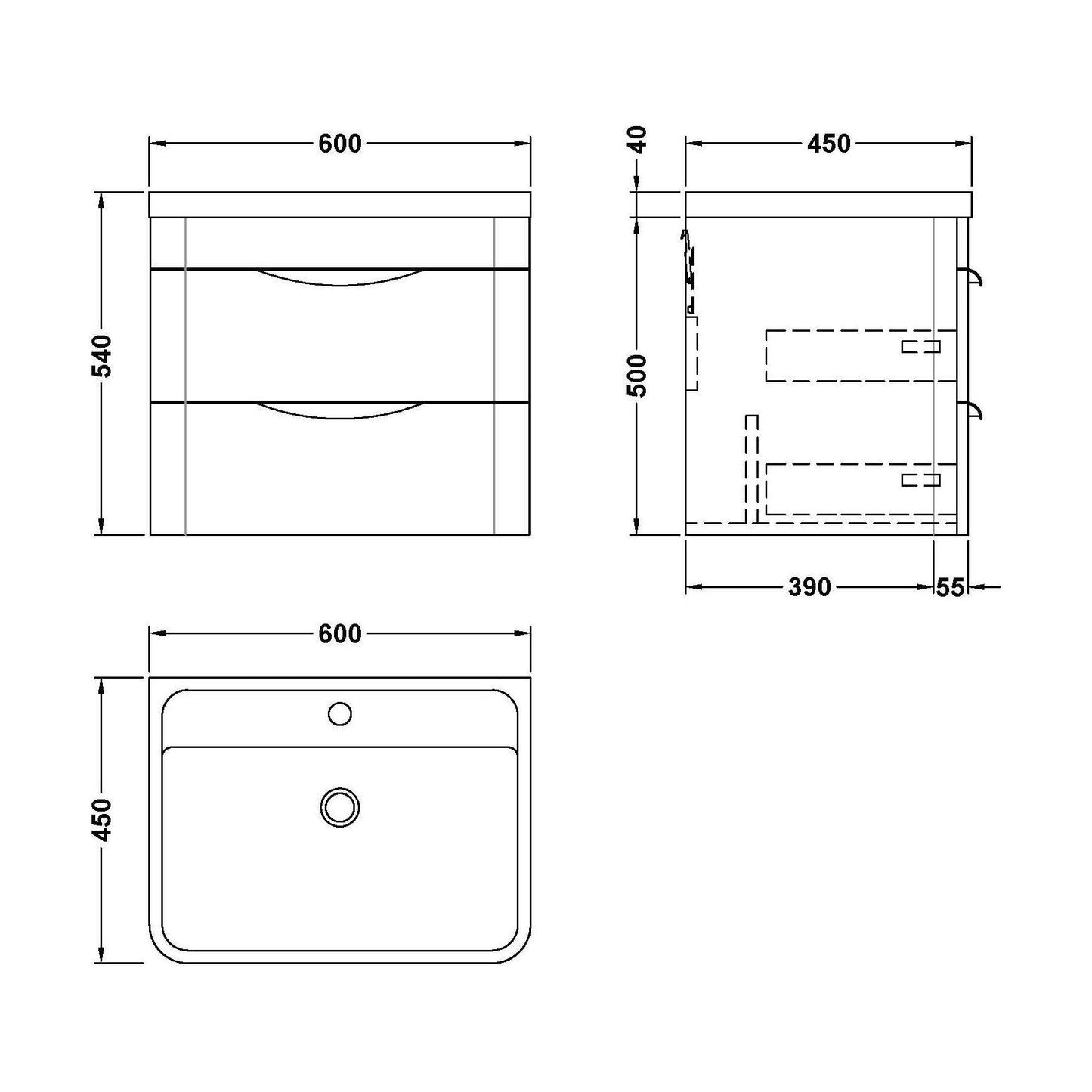 [BFWA802A] Aldershawe Modern 2-Drawer Wall Hung Vanity Basin Unit with Ceramic Basin - 600mm - Technical Drawing