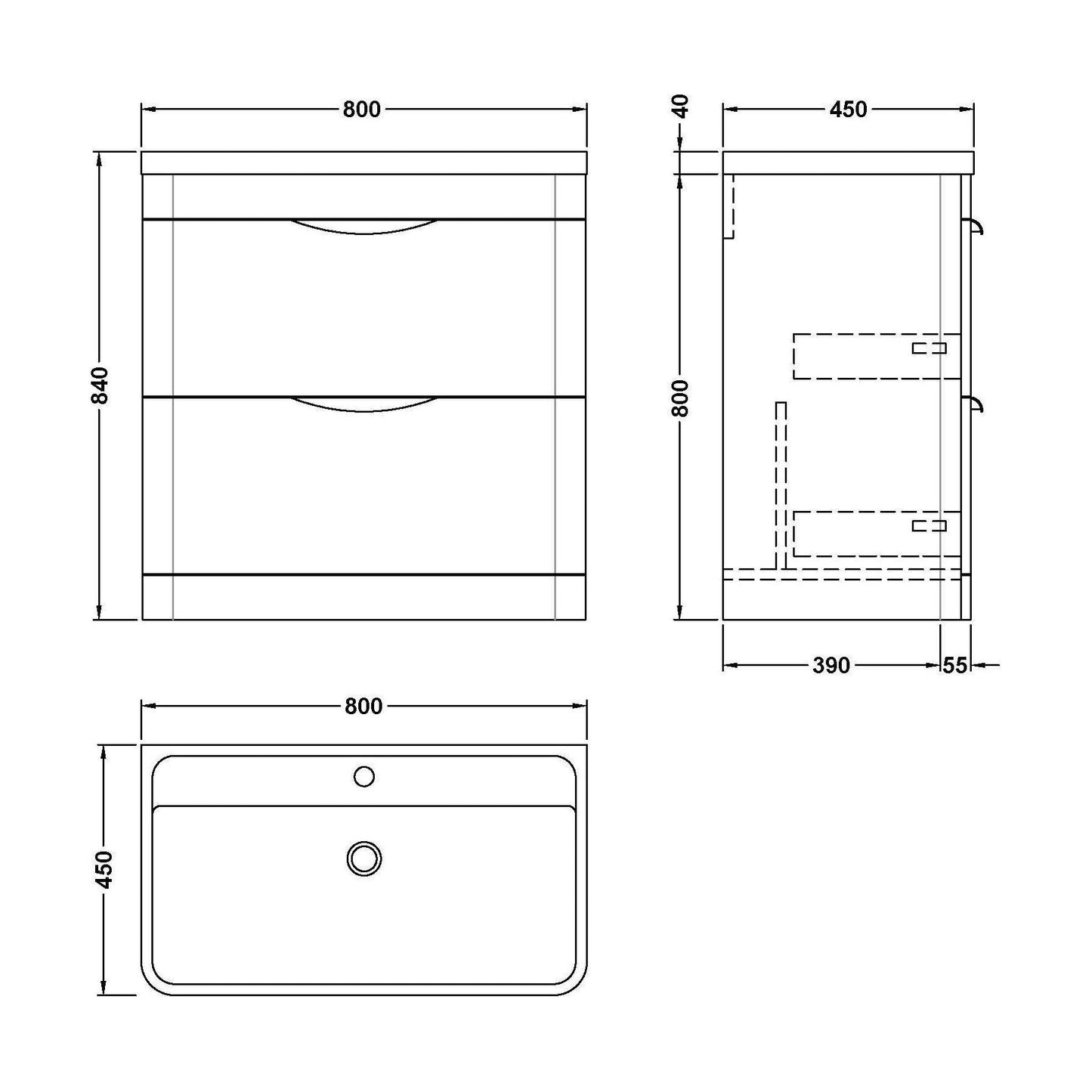 [BFWA804A] Aldershawe Floor Standing 2 Drawer Bathroom Vanity Basin Unit with Ceramic Basin, 800mm - Technical Drawing