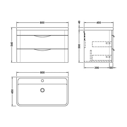 [BFWA805A] Balterley Wave Contemporary Wall Hung 2 Drawer Bathroom Vanity Unit & Ceramic Basin, Satin Green, 810mm - Technical Drawing
