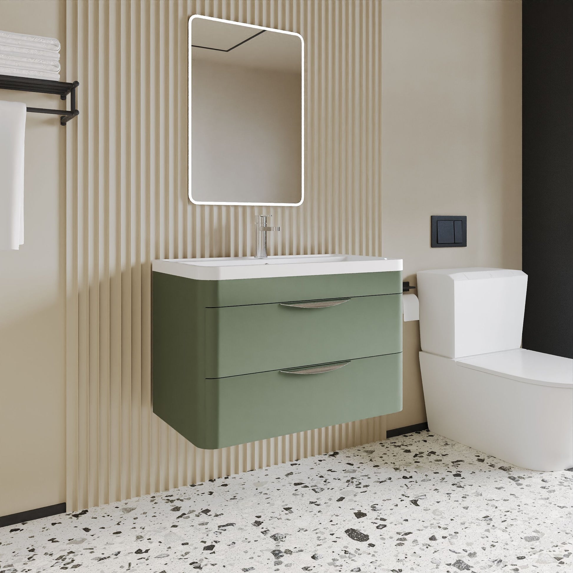 [BFWA805A] Balterley Wave Contemporary Wall Hung 2 Drawer Bathroom Vanity Unit & Ceramic Basin, Satin Green, 810mm - Lifestyle 3