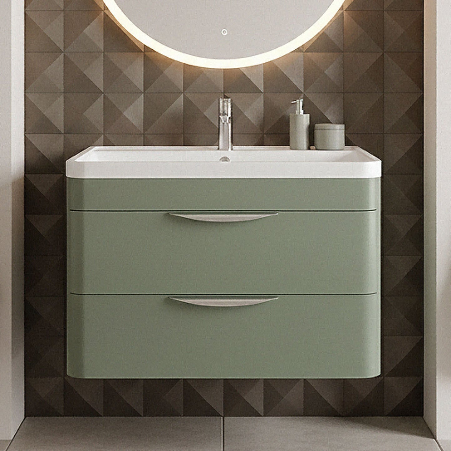 [BFWA805A] Balterley Wave Contemporary Wall Hung 2 Drawer Bathroom Vanity Unit & Ceramic Basin, Satin Green, 810mm - Silo