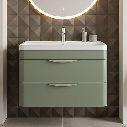 [BFWA805A] Balterley Wave Contemporary Wall Hung 2 Drawer Bathroom Vanity Unit & Ceramic Basin, Satin Green, 810mm - Silo