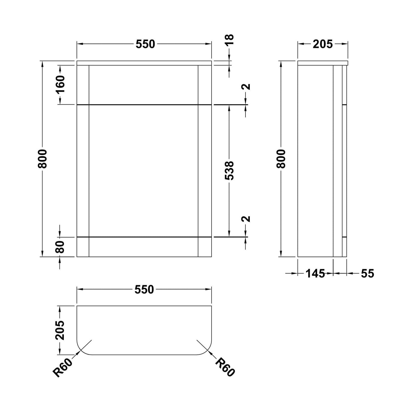 [BFWA841] Aldershawe Modern Floor Standing Soft Square WC Toilet Unit – 550mm - Technical Drawing