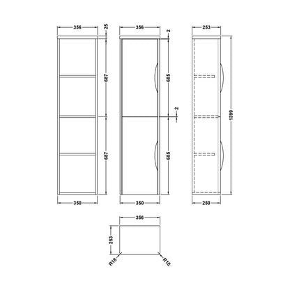[BFWA863] Aldershawe Modern Wall Hung 2-Door Tall Bathroom Storage Unit – 350mm - Technical Drawing