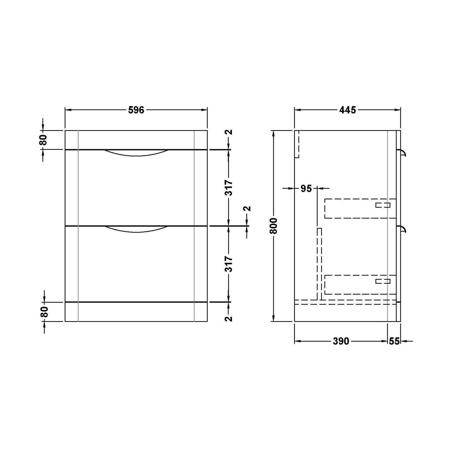 [BFWA893] 600 Floor Standing 2-Drawer Basin Unit - Technical Drawing