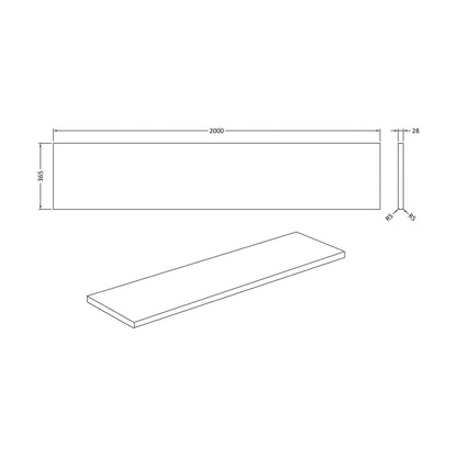 [BFWBSG2] Black Slate Gloss MFC Laminate Kitchen Worktop, W 2000mm x L 28mm x D 365mm, Black - Technical Drawing