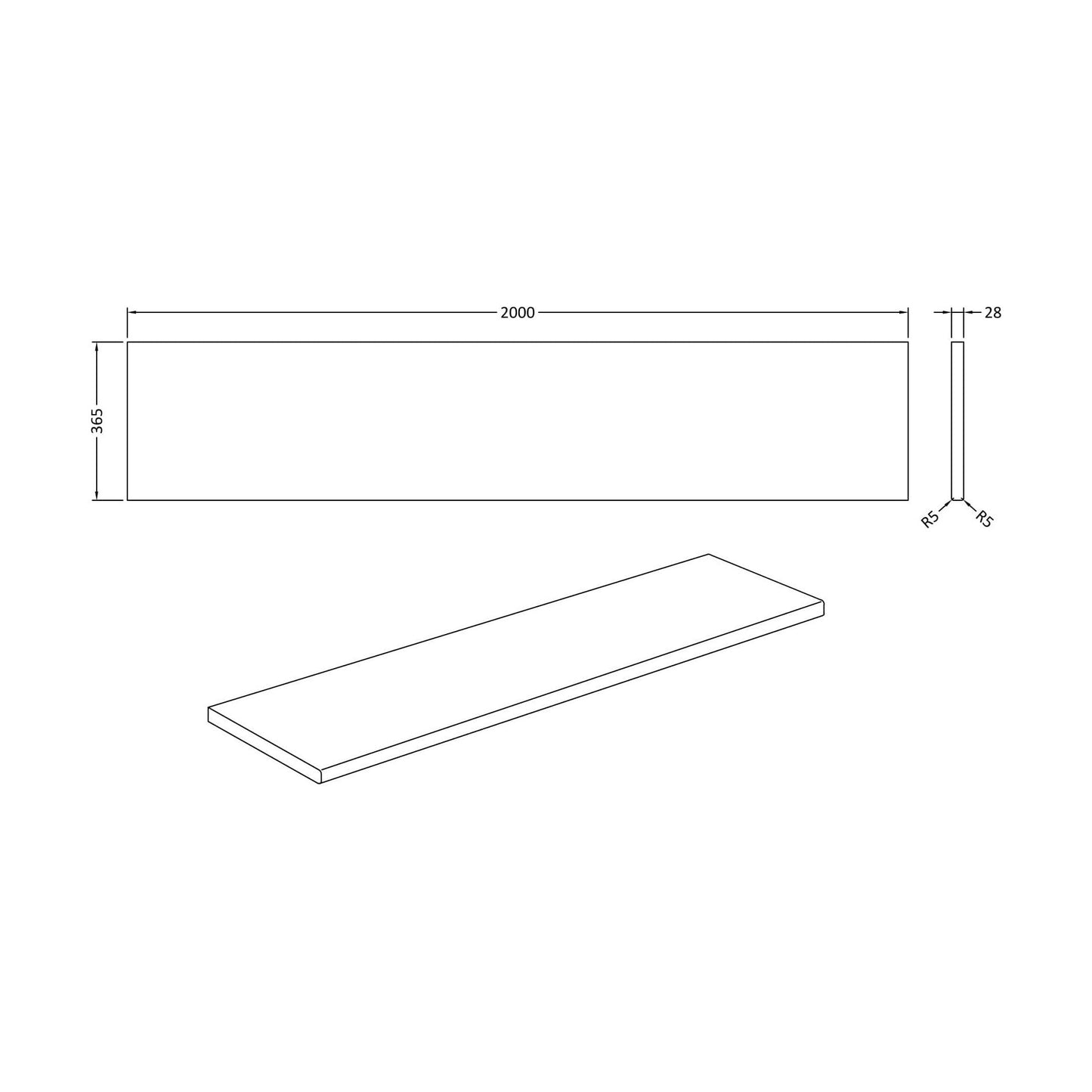 [BFWWSP2] White Sparkle MFC Laminate Kitchen Worktop, W 2000mm x L 28mm x D 365mm, White - Technical Drawing