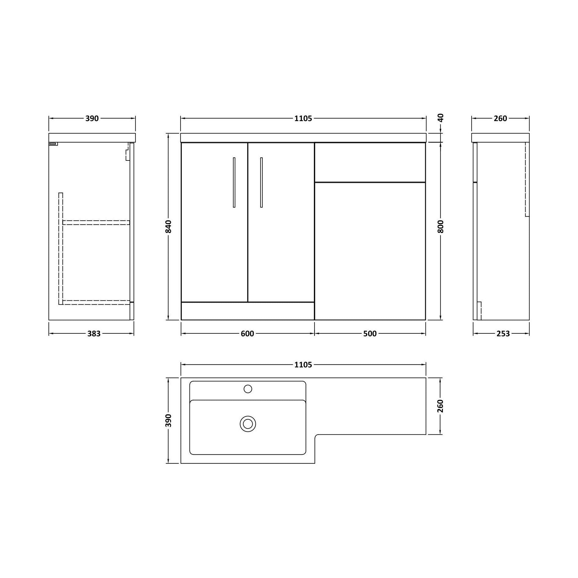 [BFZLE001] Bramshall Vanity Unit Bundle, Choice of Orientation and Colour - Technical Drawing