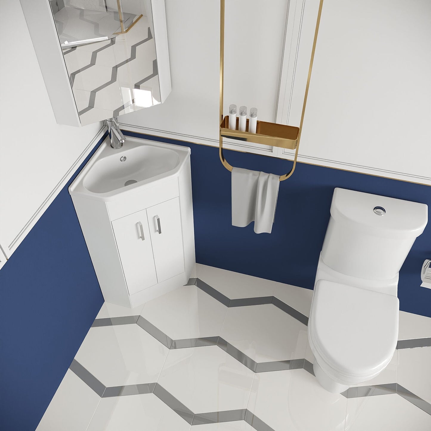 [BFZOR001] Bathroom Floor Standing Corner Vanity Unit and Toilet Set - White - Lifestyle 2