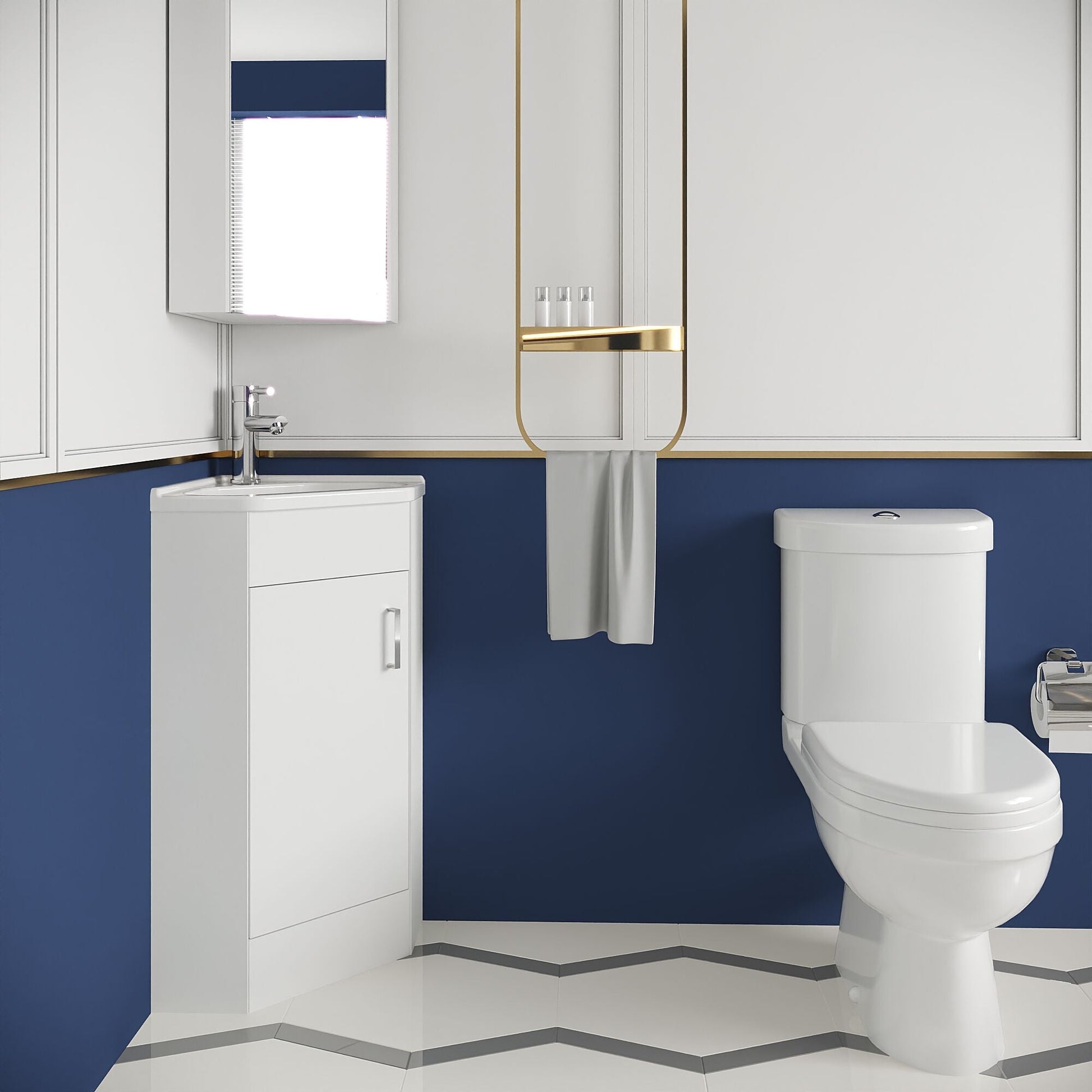 [BFZOR002] Bathroom Corner Vanity Unit and Toilet Set - White - Lifestyle 3