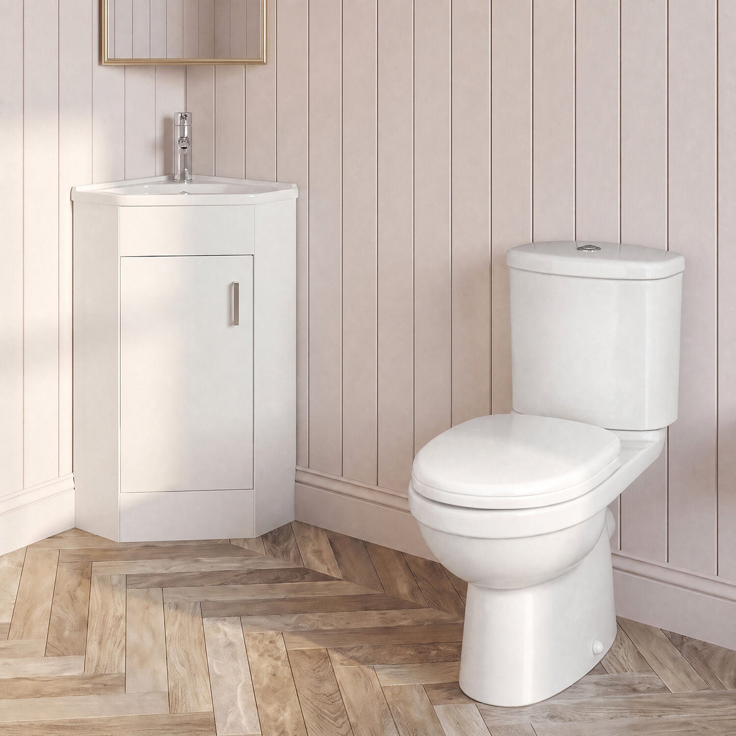 [BFZOR002] Hamstall Bathroom Corner Vanity Unit and Toilet Set - White - Silo