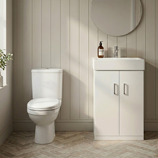 [BFZOR005] Hamstall Cloakroom Suite - Floor Standing Vanity Basin Unit, Toilet and Seat - Gloss White - Silo