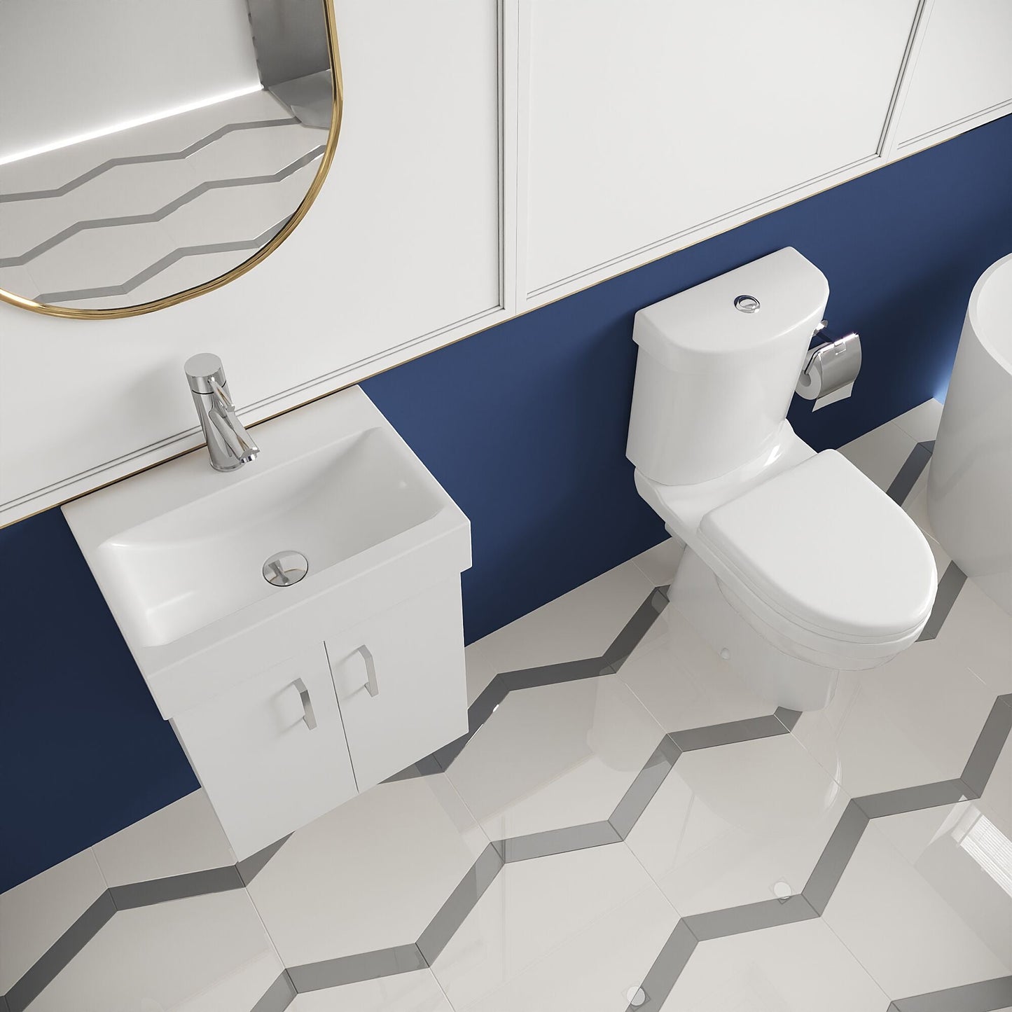 [BFZOR006] Orbit Cloakroom Bundle - Wall Hung Vanity Basin Unit, Toilet Pan, Cistern & Seat (Tap Not Included) - Gloss White - Balterley - Lifestyle 2